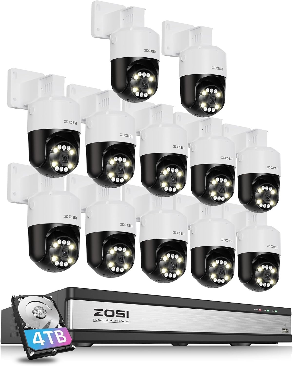 ZOSI 16 Channel 4K PoE Security Camera System with AI Face Person Vehicle Detection, 12 x 5MP 3K Outdoor Auto Tracking PT PoE IP Camera with Floodlights, 5X Digital Zoom, 4TB HDD for 24/7 Recording