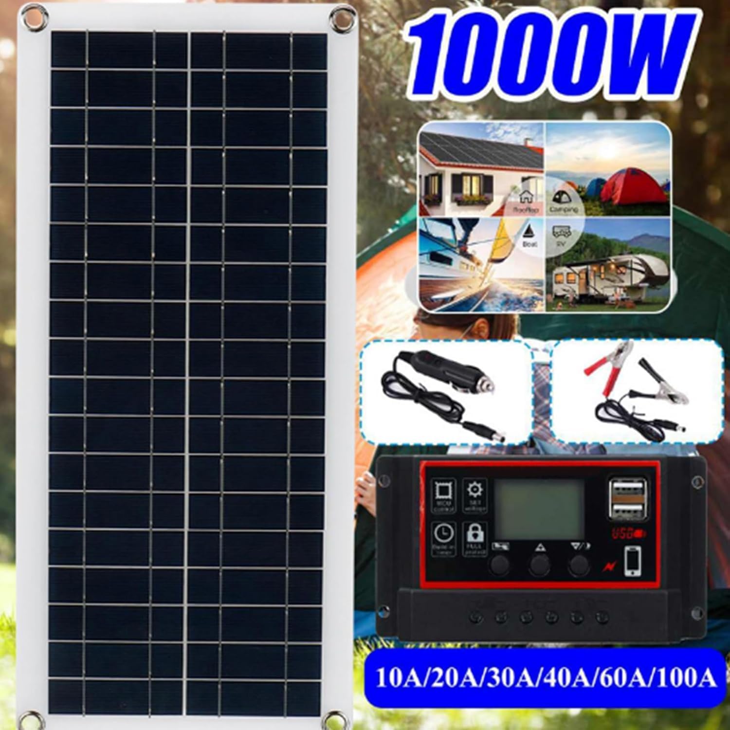 CHRISK 3Pcs 1000W Solar Panel Kit, Solar Power Station Portable Generator Charger 18V with Controller Waterproof Solar Panel for Camping