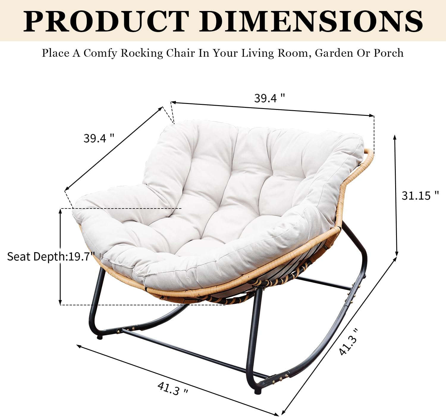 Rocking Papasan Chair Outdoor/Indoor, Rattan Wicker Lounge Rocker Egg Chair with Thick Cushion, Alloy Frame & Anti-Tip Wide Base for Patio, Living Room, Bedroom, Warm Beige