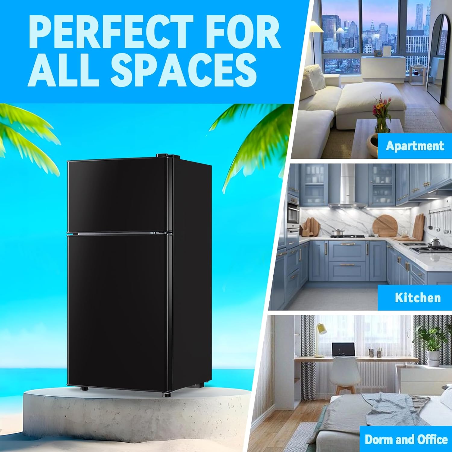 Mini Fridge with Freezer 2.4 Cu.ft Mini Refrigerator Freezer Double Doors 7 Modes Temp Suit for Apartment Bedroom Office Black