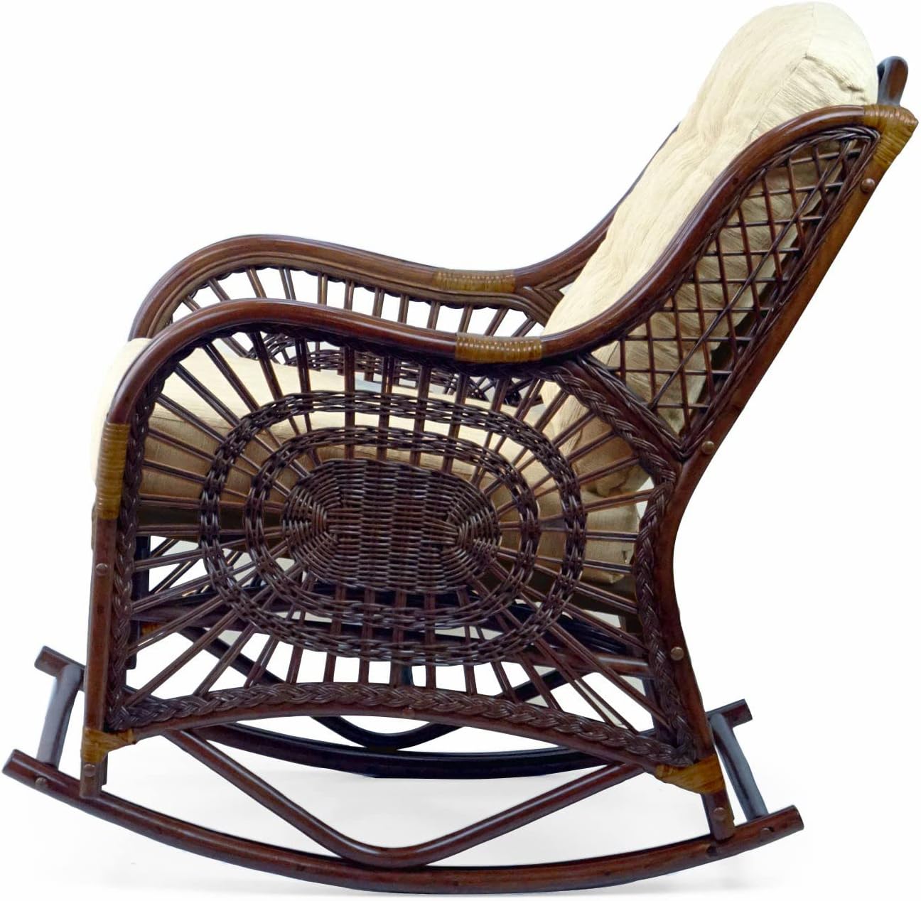 Malibu Lounge Rocking Chair Handmade ECO Natural Wicker Rattan Dark Brown Color with Cream Cushion, Indoor ONLY