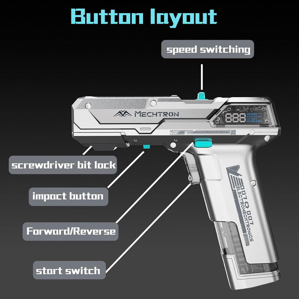 Cyberpunk Gun-Shaped AI Smart 8V Dual-Speed Hammer Drill, Cool Gadget Gifts for Men, Boyfriend, Husband, Dad, Boss, Gamers, Tech Lovers (Silver, 8-Piece Accessory Kit)