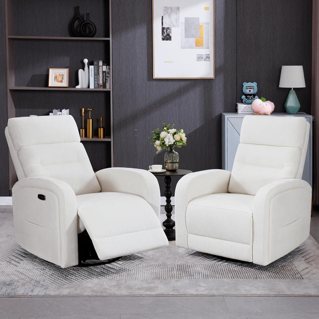 Power Swivel Rocker Recliner Chair for Nursery, Electric Rocking Reclining Chair, Upholstered Glider Nursery Recliner for Living Room, Bedroom, Chenille White