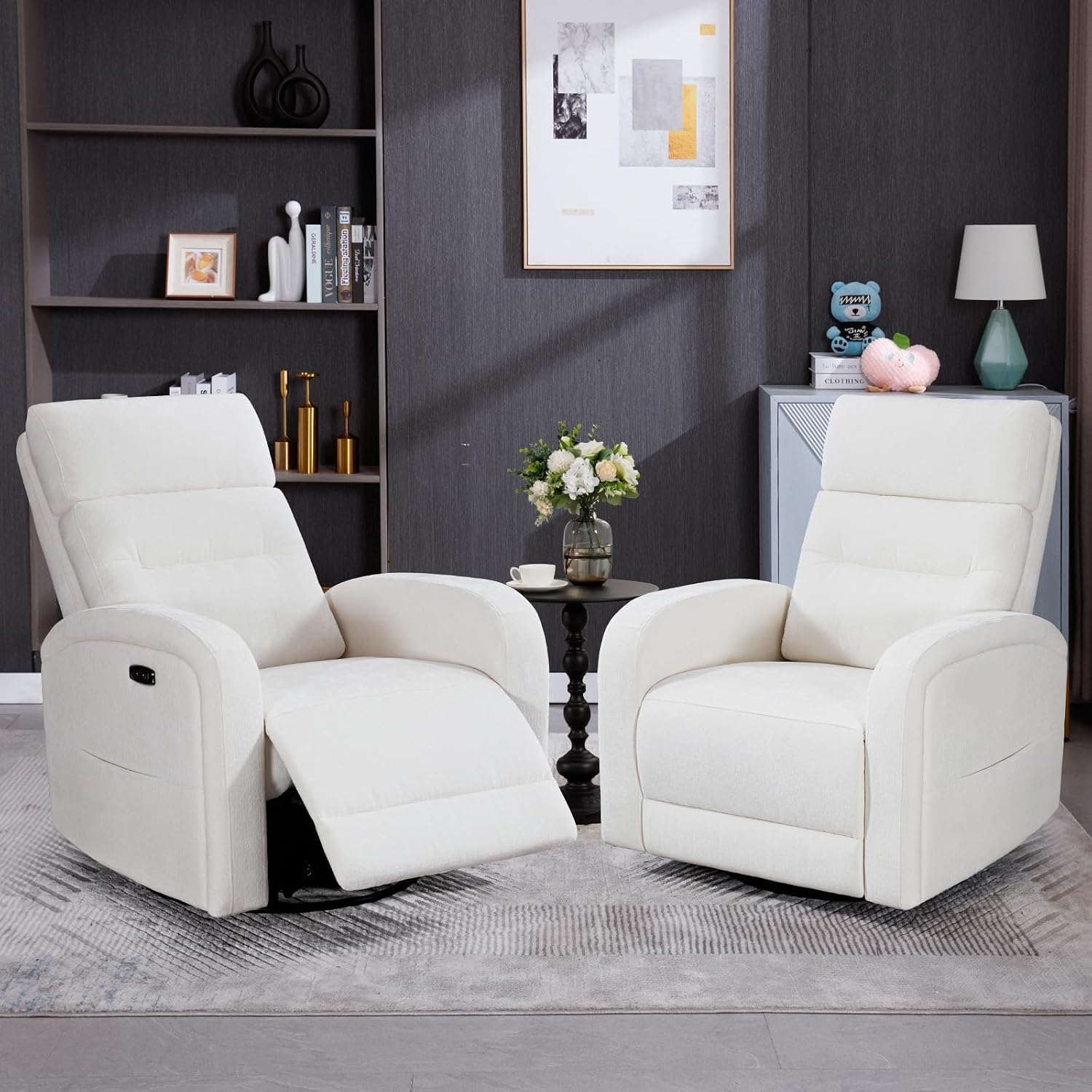 Power Swivel Rocker Recliner Chair for Nursery, Electric Rocking Reclining Chair, Upholstered Glider Nursery Recliner for Living Room, Bedroom, Chenille White