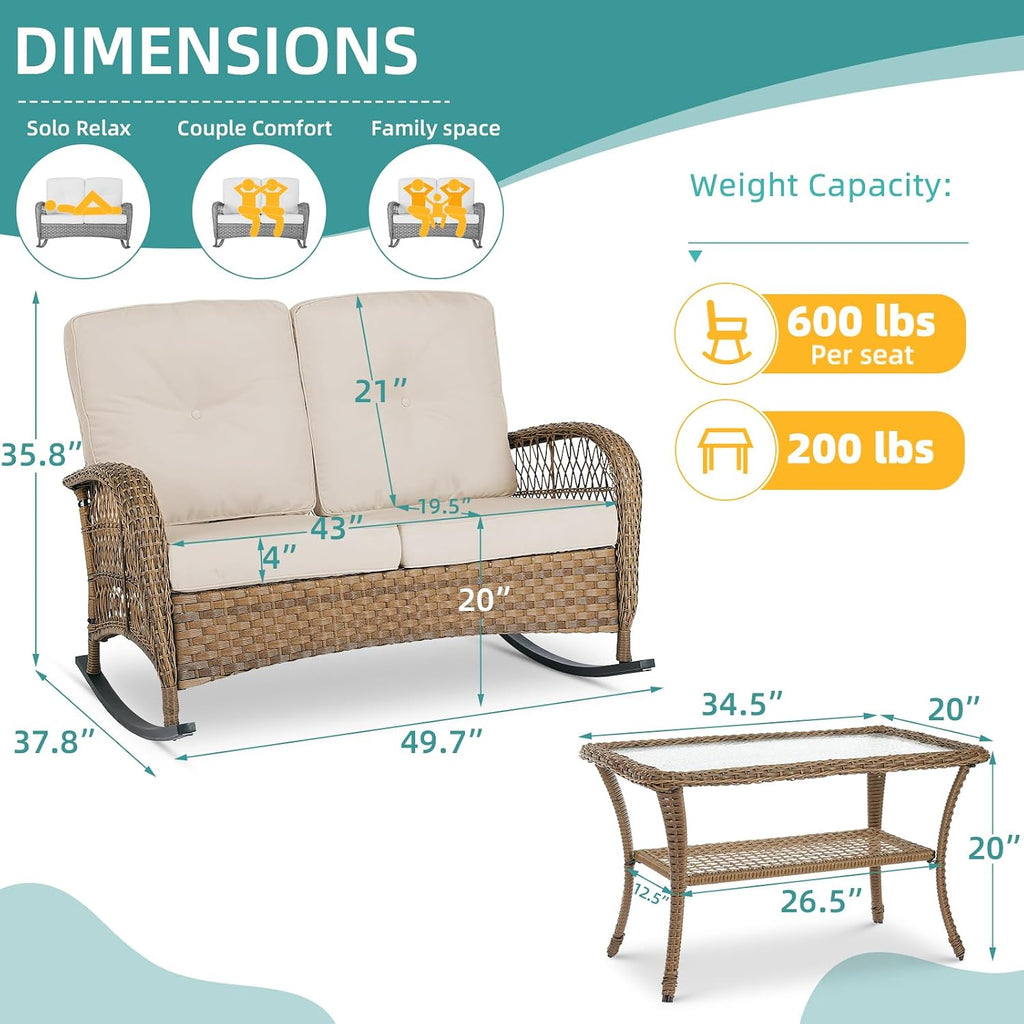 MEETWARM Outdoor Double Rocking Chair with Coffee Table, Oversized Loveseat Rocker with Thick Cushion for 2-Person，All-Weather 600 lbs Heavy Duty Rocking Bench Large Loveseat Patio Sofa for Garden