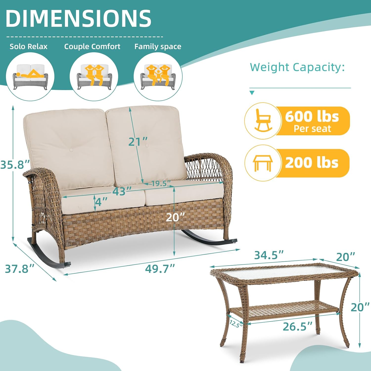 MEETWARM Outdoor Double Rocking Chair with Coffee Table, Oversized Loveseat Rocker with Thick Cushion for 2-Person，All-Weather 600 lbs Heavy Duty Rocking Bench Large Loveseat Patio Sofa for Garden