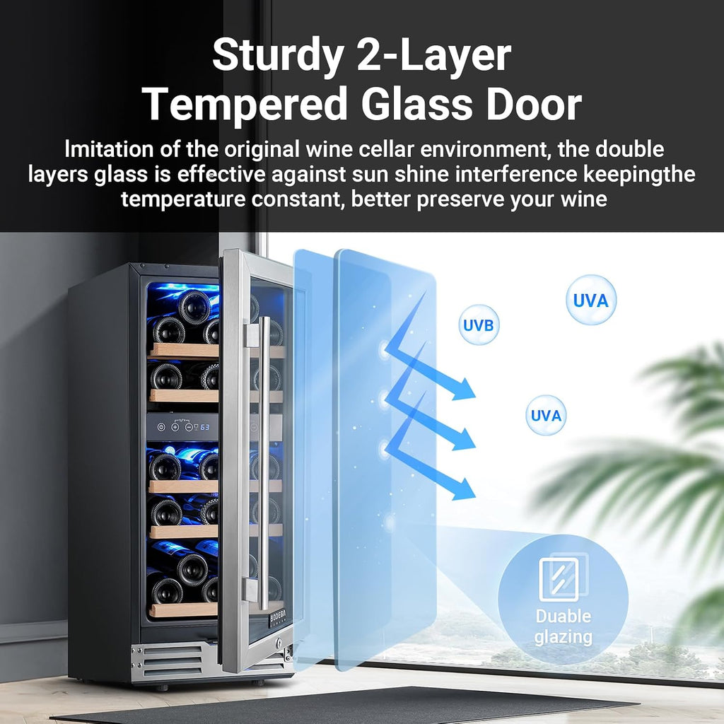 BODEGA 15' Wine Cooler, 30 Bottle Dual Zone Wine Fridge With Double-Layer Glass Door, Freestanding or Built-In Wine Fridge with Blue LED Light & Stainless Steel Handle, for Home, Kitchen,Bar, Black.