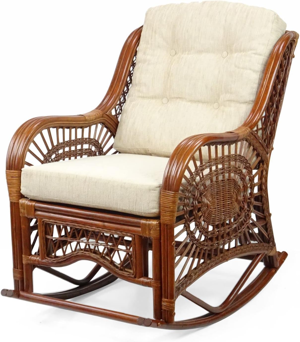Malibu Rocking Handmade Lounge Chair ECO Natural Wicker Rattan Colonial Color with Cream Cushion, Indoor ONLY