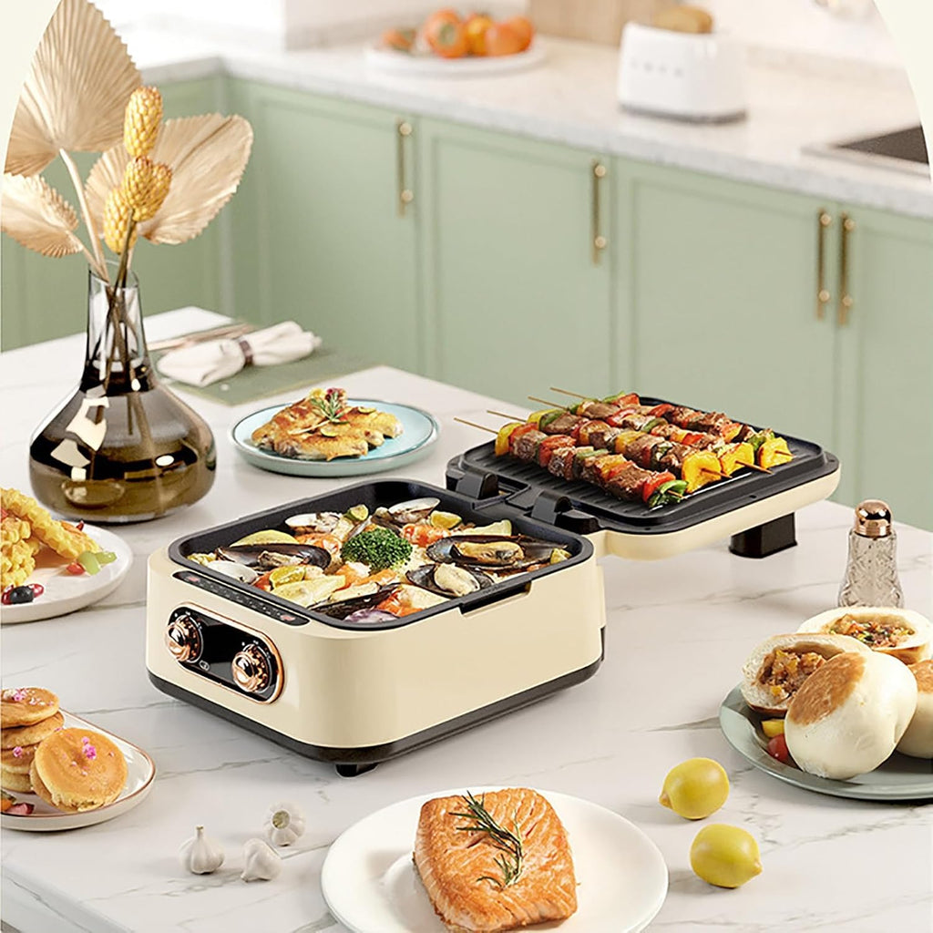 Electric Baking Pan, Double-Sided Electric Frying Pans, Hot Pot with Grill, Electric Skillets Nonstick with Lids, for Korean BBQ Steaks(Beige)