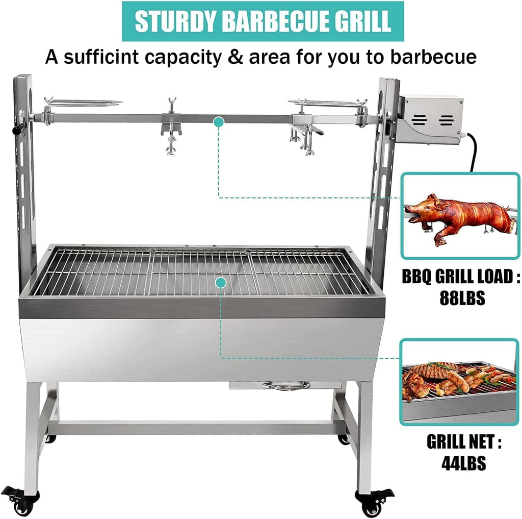 Stainless Steel Small Pig Whole Lamb Rotisserie Grill with Wind Deflector, 25W Motor Rotisserie Roaster, 40kg BBQ Charcoal Rotisserie Roaster Grill for Camping Outdoor Kitchen