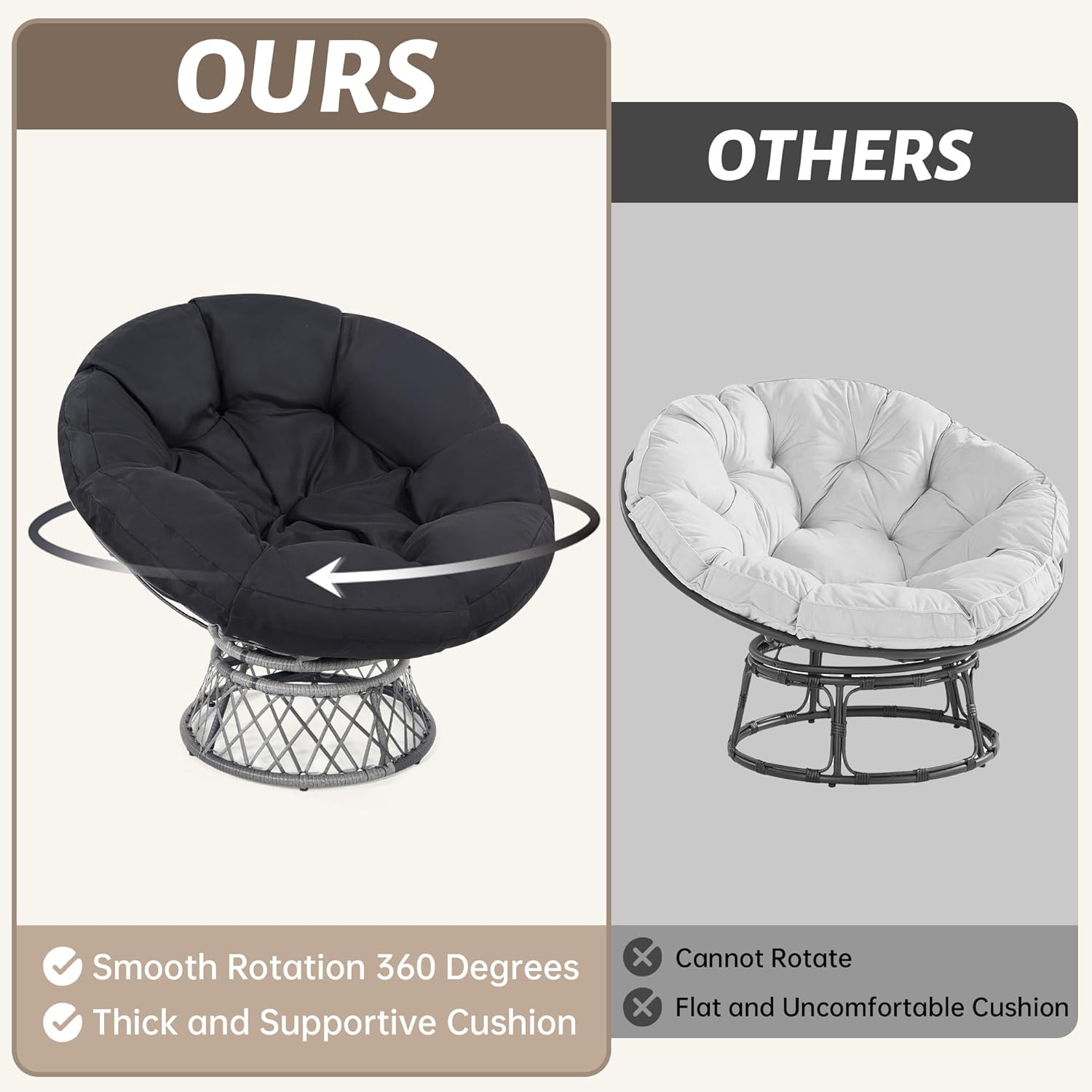 KROFEM 46' Giant Oversized Rattan Papasan Chair with Cushion and Frame for Adults, Fluid 360° Swivel, Waterproof, Grey Frame with Black Cushion