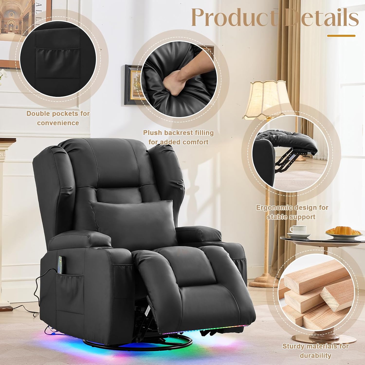 Power Swivel Rocker Recliner Chair with Massage & Heat, Dual Motor Electric Glider Rocking Recliner with USB Ports, Cup Holders & LED Light for Living Room, Home Theater (Black)
