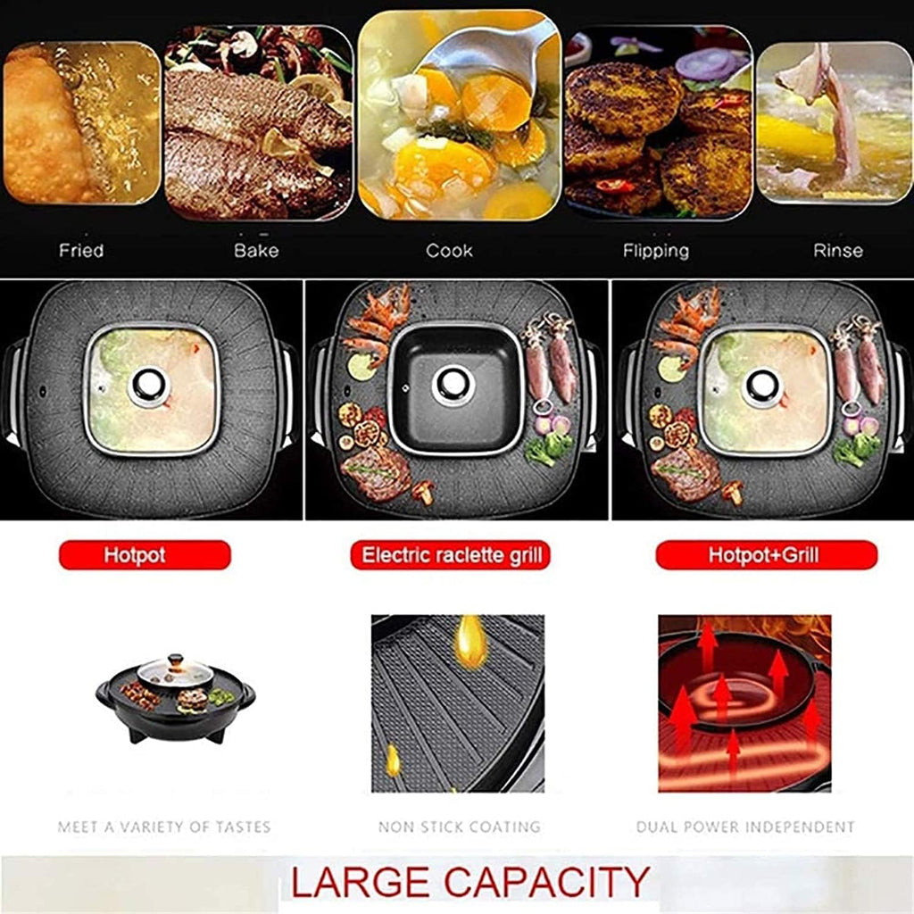 Portable Electric Grill, 2 in1 Electric Barbecue Hotpot Oven 1300/2100W Grill Smokeless Double Hotpot Machine BBQ Oven Multifunctional Cooker,Household Nonstick Electric Griddle