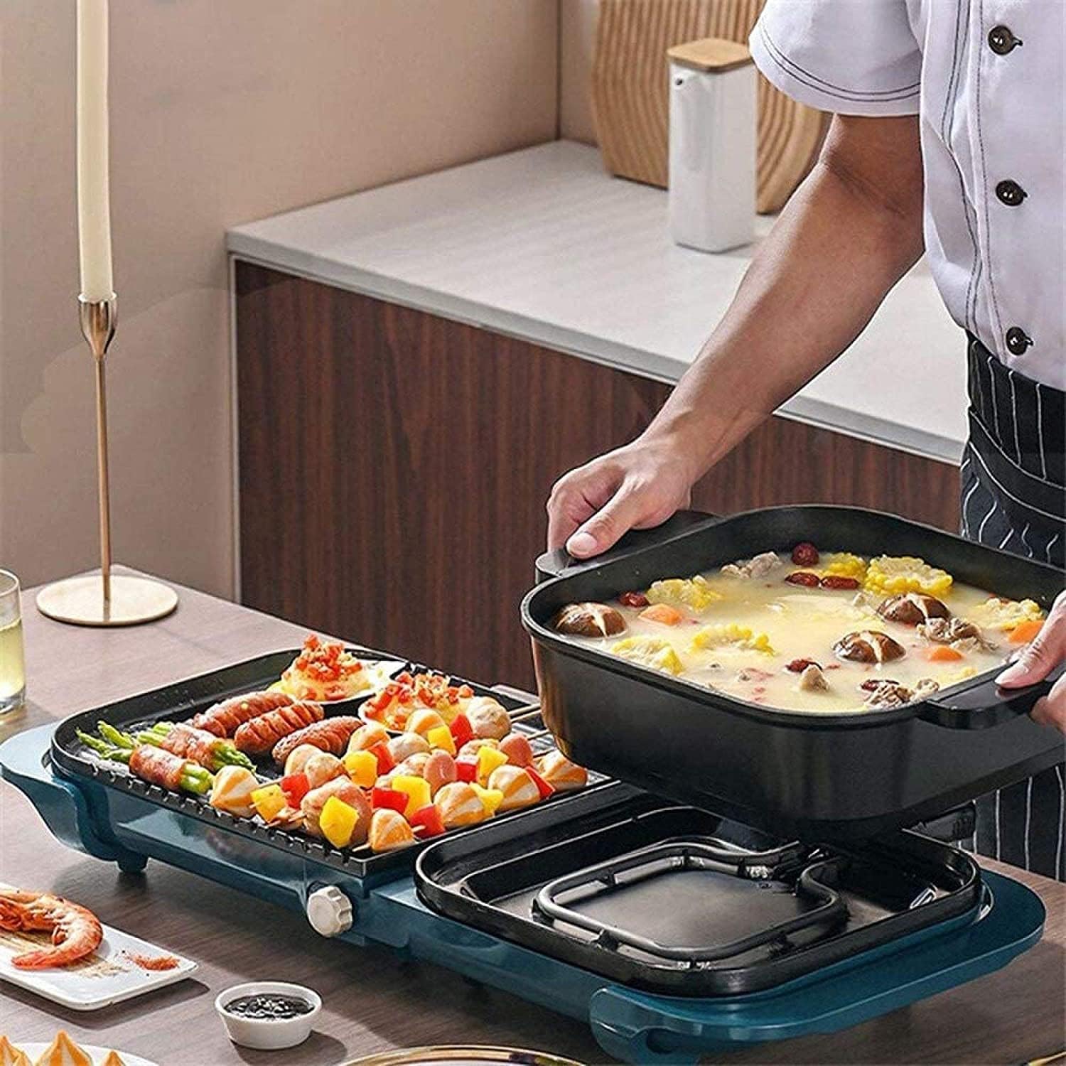 BBQ Smokeless Grill 2 in 1 BBQ Hot Pot One Pot Dual Control Dual Temperature Detachable Separate Electric Hot Pot Family Party Smoke-free Healthy