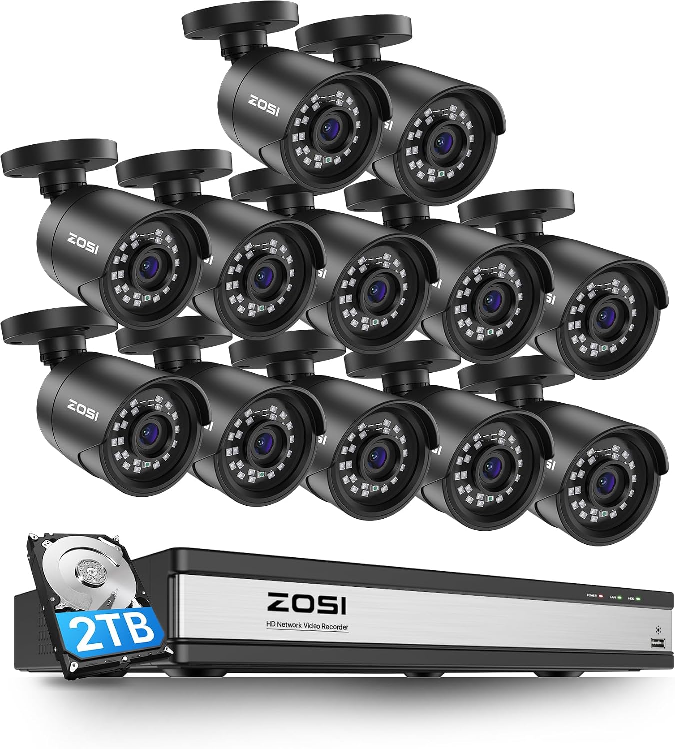 ZOSI H.265+ 1080p 16 Channel Home Security Camera Outdoor Indoor, 16CH CCTV DVR with AI Human Vehicle Detection and 12 x 1080p Surveillance Bullet Camera, 100ft Night Vision, 90° View Angle, 2TB HDD