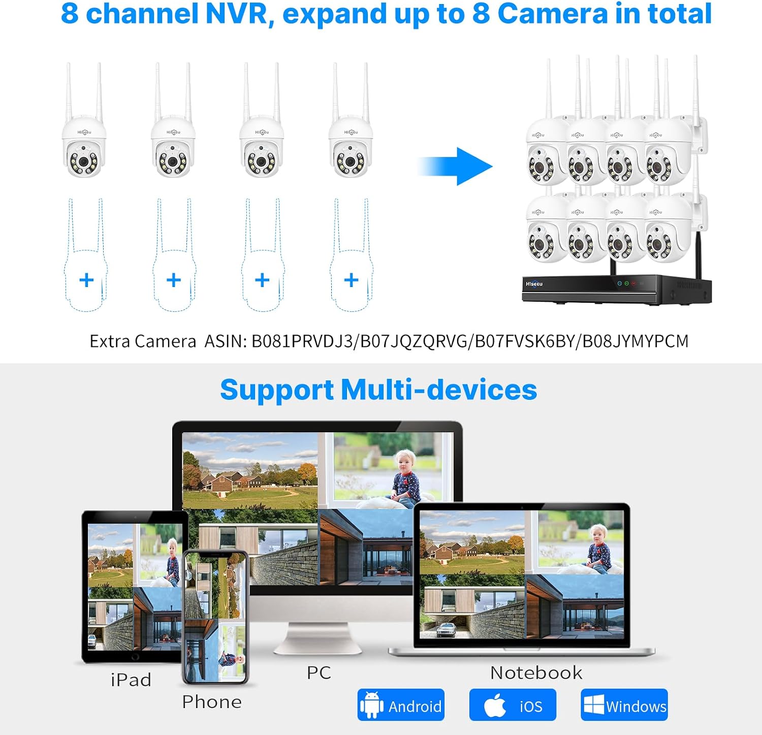 【 5mp, Two-Way Audio, 360 ° Tracking】 Monitoring Camera Wireless Hiseeu Integrated NVR 1920P 5-megapixel 4-Piece Set with Built-in 1TBHDD can be Added to 10 Channels for Remote Monitoring