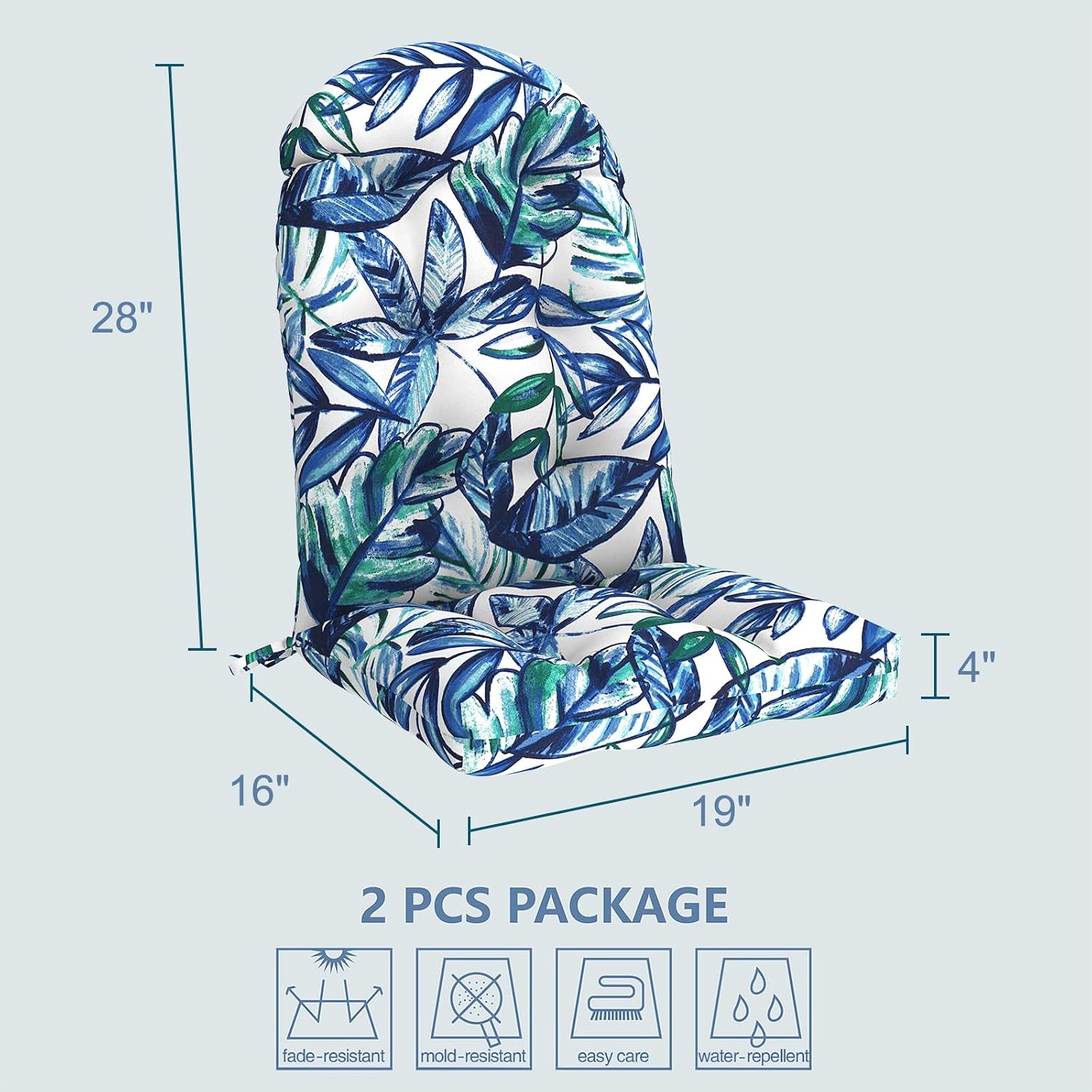 LVTXIII Outdoor Adirondack Chair Cushions, 44x19x4 Inch Non-Slip High Back Rocking Chair Cushion, Tufted Seat Cushion for Patio Furniture, Set of 2, Leaves Ink Blue
