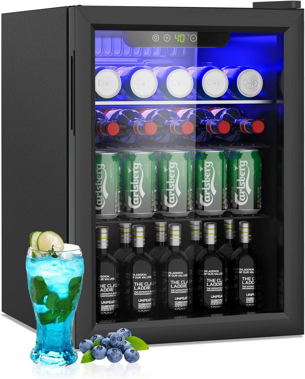 95 Can Mini Fridge - 2.6 Cu.Ft Beverage Refrigerator with Reversible Glass Door for Soda Wine Beer, Adjustable Temperature Control for Home Office Bar, Black(40-61 ℉)