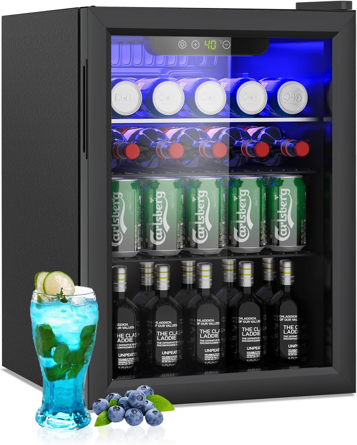 95 Can Mini Fridge - 2.6 Cu.Ft Beverage Refrigerator with Reversible Glass Door for Soda Wine Beer, Adjustable Temperature Control for Home Office Bar, Black(40-61 ℉)