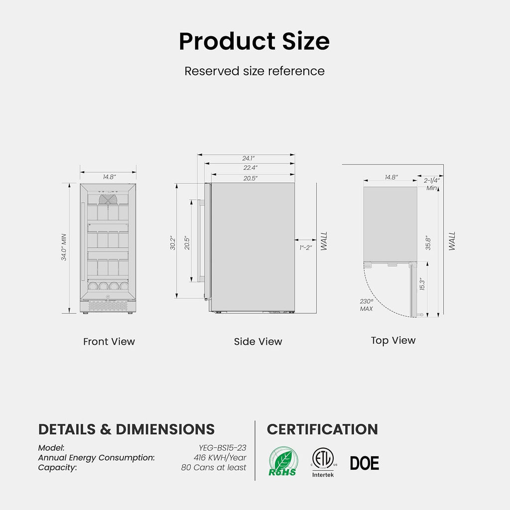 Yeego Beverage Refrigerator - 14 inch 70 Cans Mini Fridge with Glass Door, 34-54 ℉ Drink Cooler, Built-in or Freestanding for Wine Beer Soda Bar Office Home Dorm