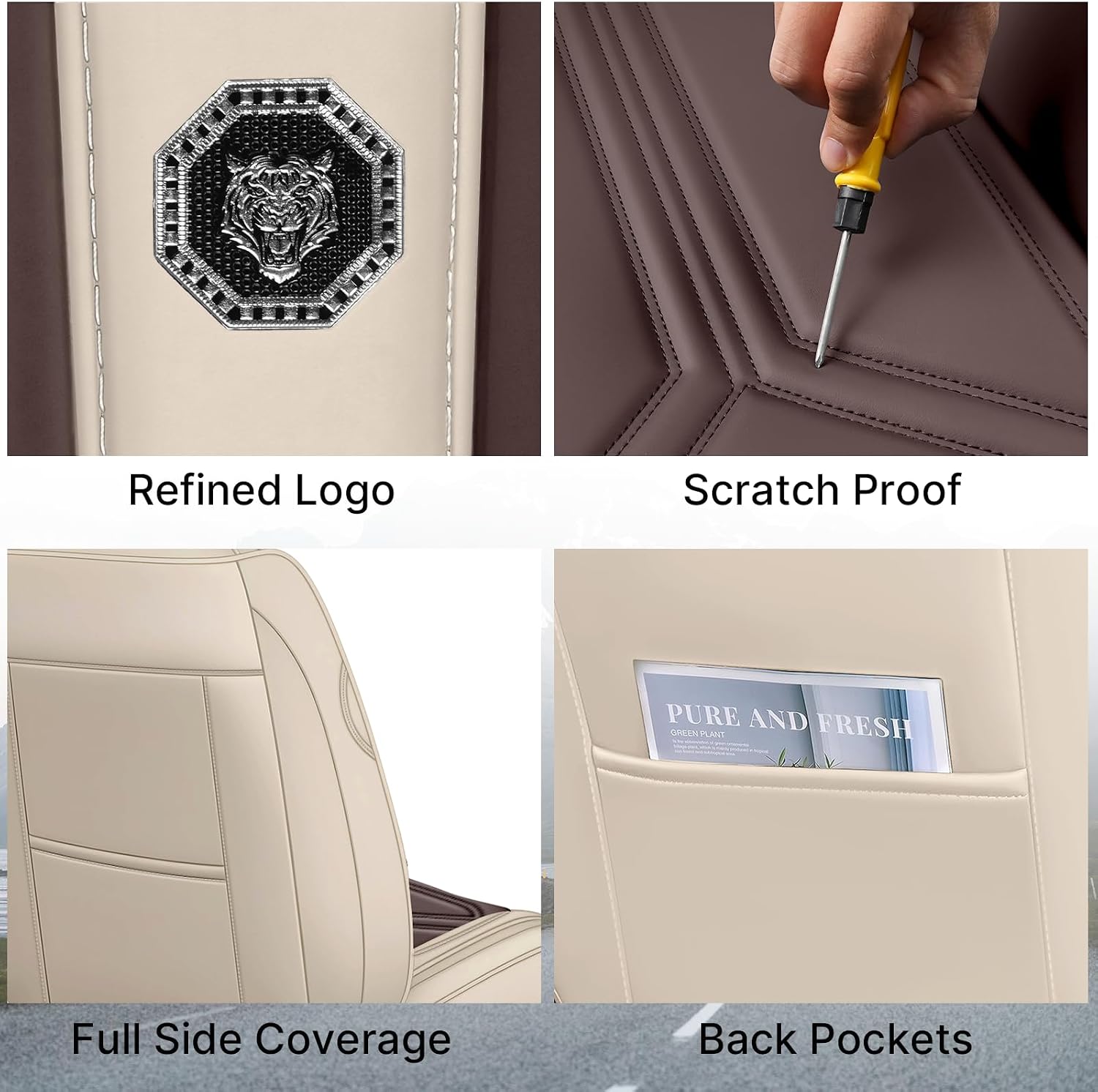 Car Seat Cover for Hyundai Santa Cruz 2022-2025,Leather Seat Cover for Car,Breathable Vehicle Cushions Cover Waterproof Protectors Seat Protector, (Full Set,Beige&Brown)