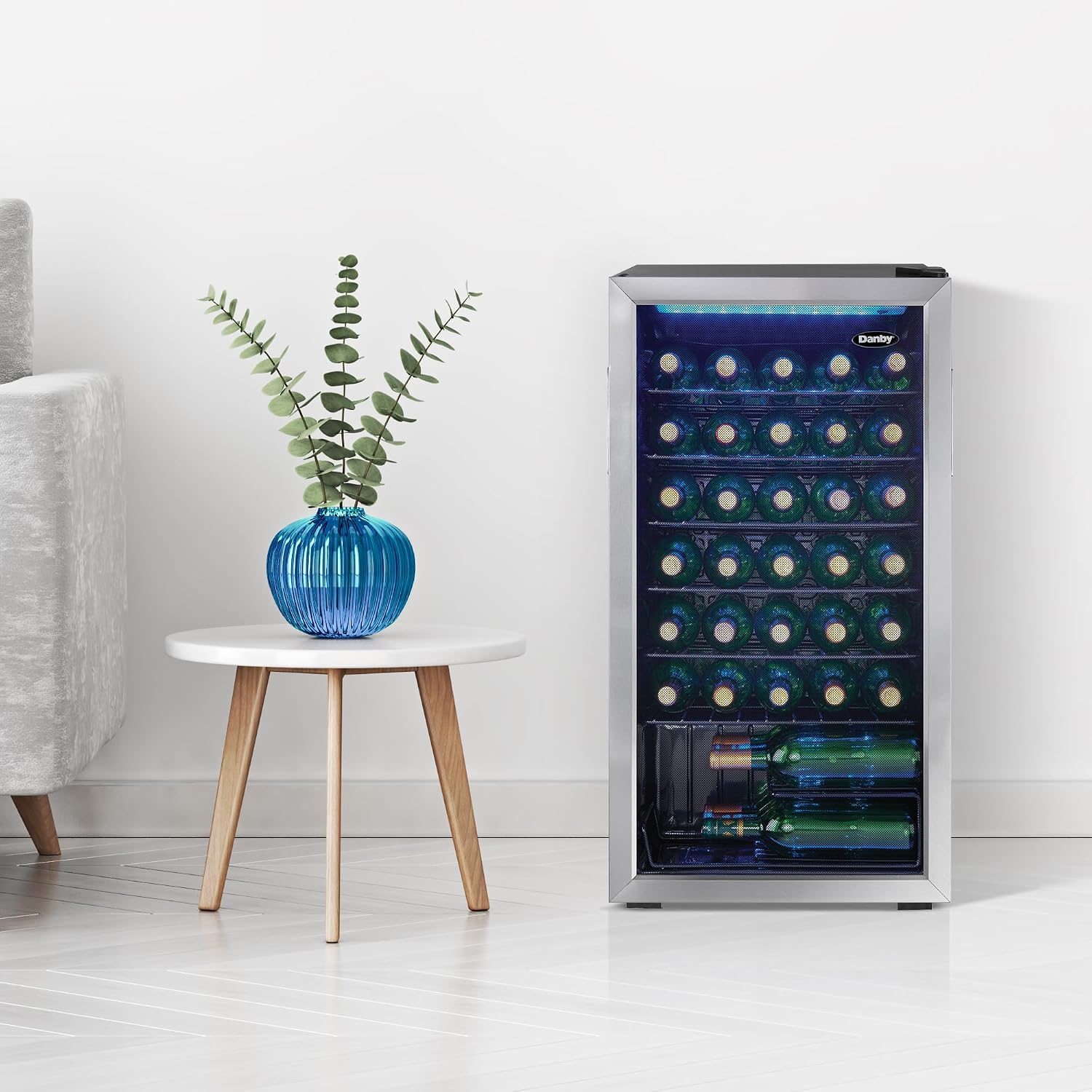 Danby DWC036A1BSSDB-6 3.3 Cu. Ft. Free Standing Wine Cooler, Holds 36 Bottles, Single Zone Fridge With Glass Door - Chiller for Kitchen, Home Bar, Black/Grey