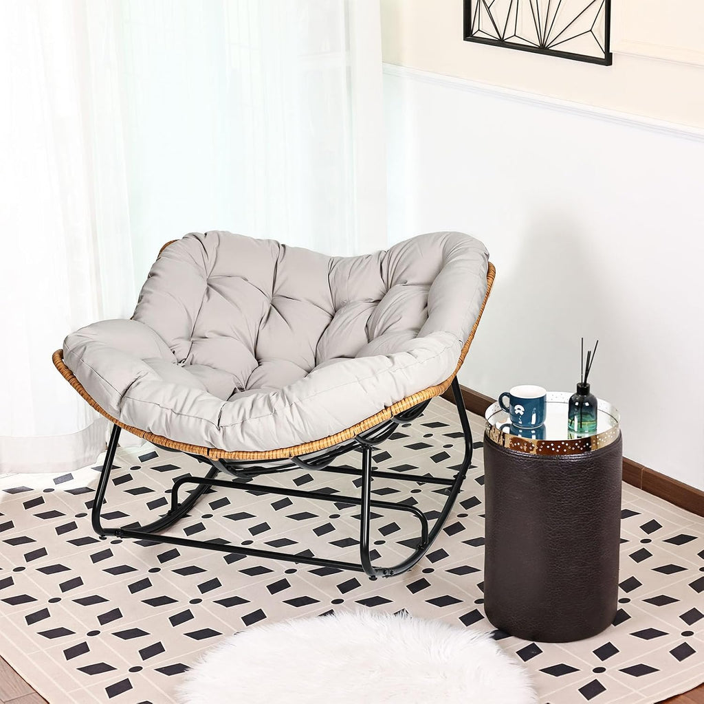 Papasan Chair, Outdoor Rocking Chair with Cushion, 450LB Heavy Duty Egg Chair, Indoor Outdoor Patio Rocking Chairs for Balcony, Porch, Living Room, Bedroom, Lawn, Garden (Light Gray.)