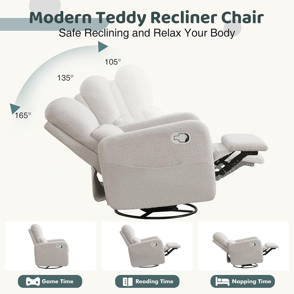 Swivel Rocker Recliner, Oversized Teddy Manual Nursery Glider Rocking Recliner with Removable Cushion, Upholstered Boucle Swivel Reclining Chair for Nursery Living Room Bedroom, Teddy Gray