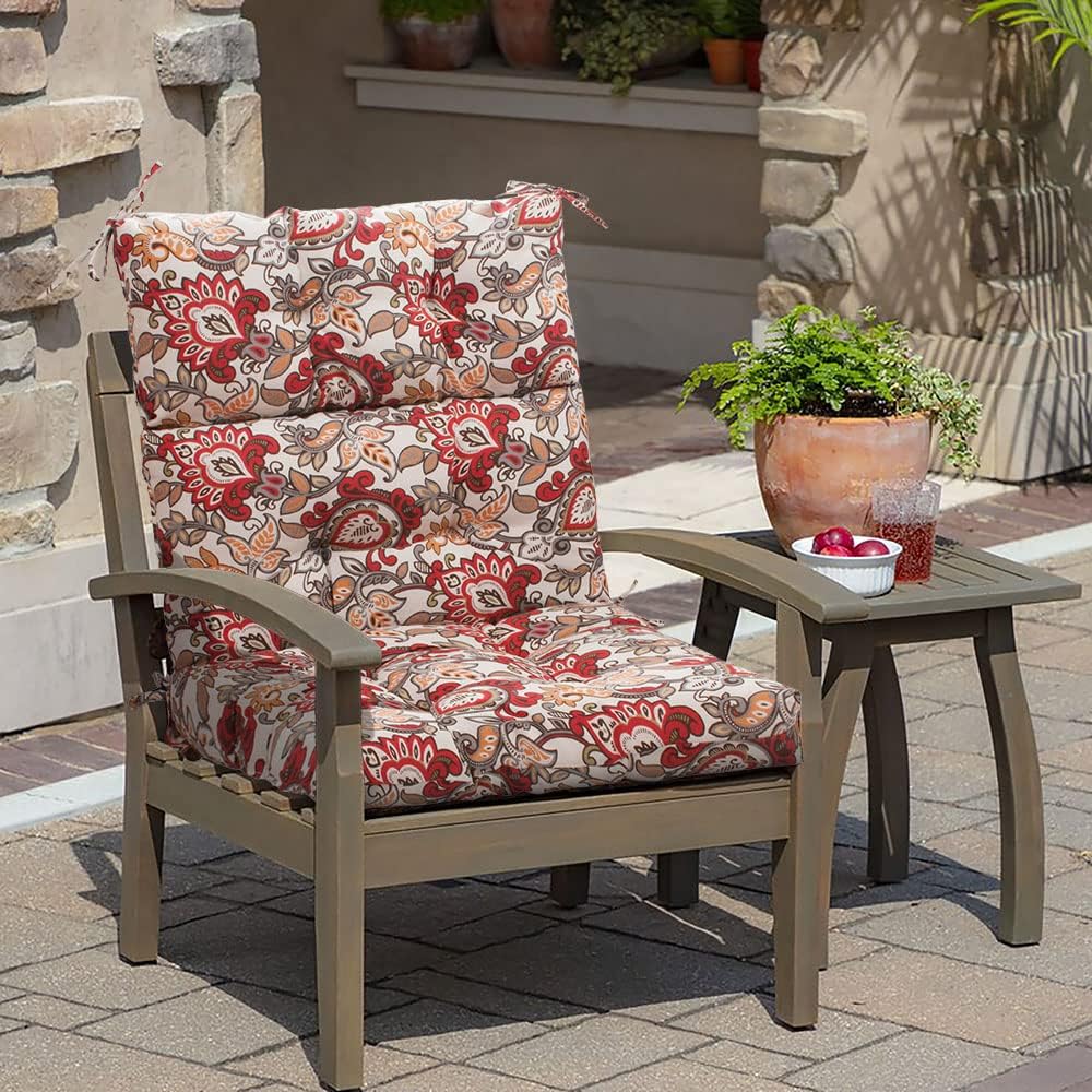 Magpie Fabrics Indoor/Outdoor Tufted High Back Chair Cushion Set of 2, Waterproof Deep Seating Rocking Chair Outdoor Chaise Lounge Sun Lounger Chair Cushions(Botanical Red Orange)