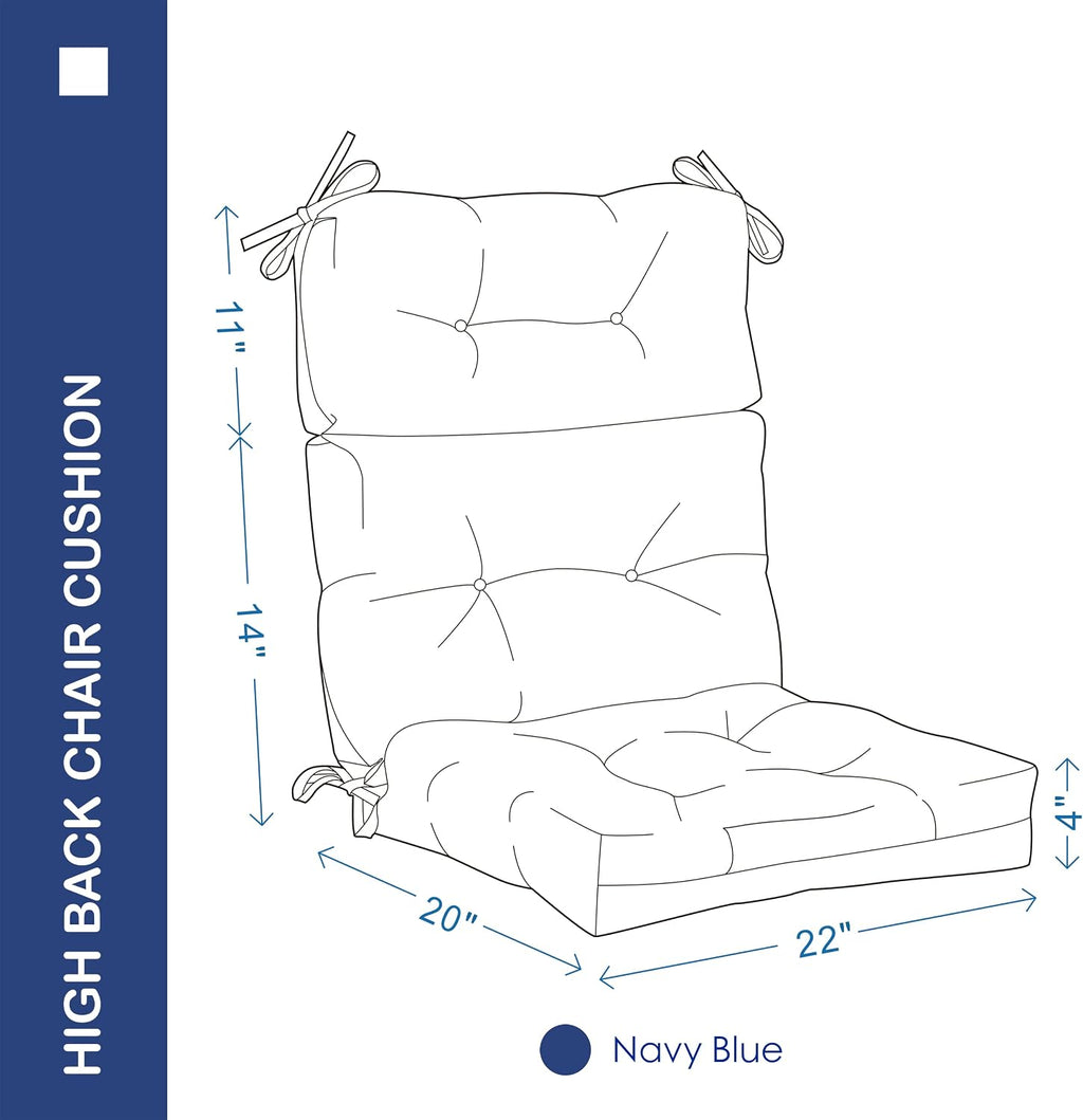 Outdoor Indoor High Back Chair Cushions Set of 4,Waterproof All-Weather Patio Adirondack Rocking Chair Cushions,Seat Back Chair Cushion for Outdoor Furniture with Ties,45x22 Inch, Navy Blue