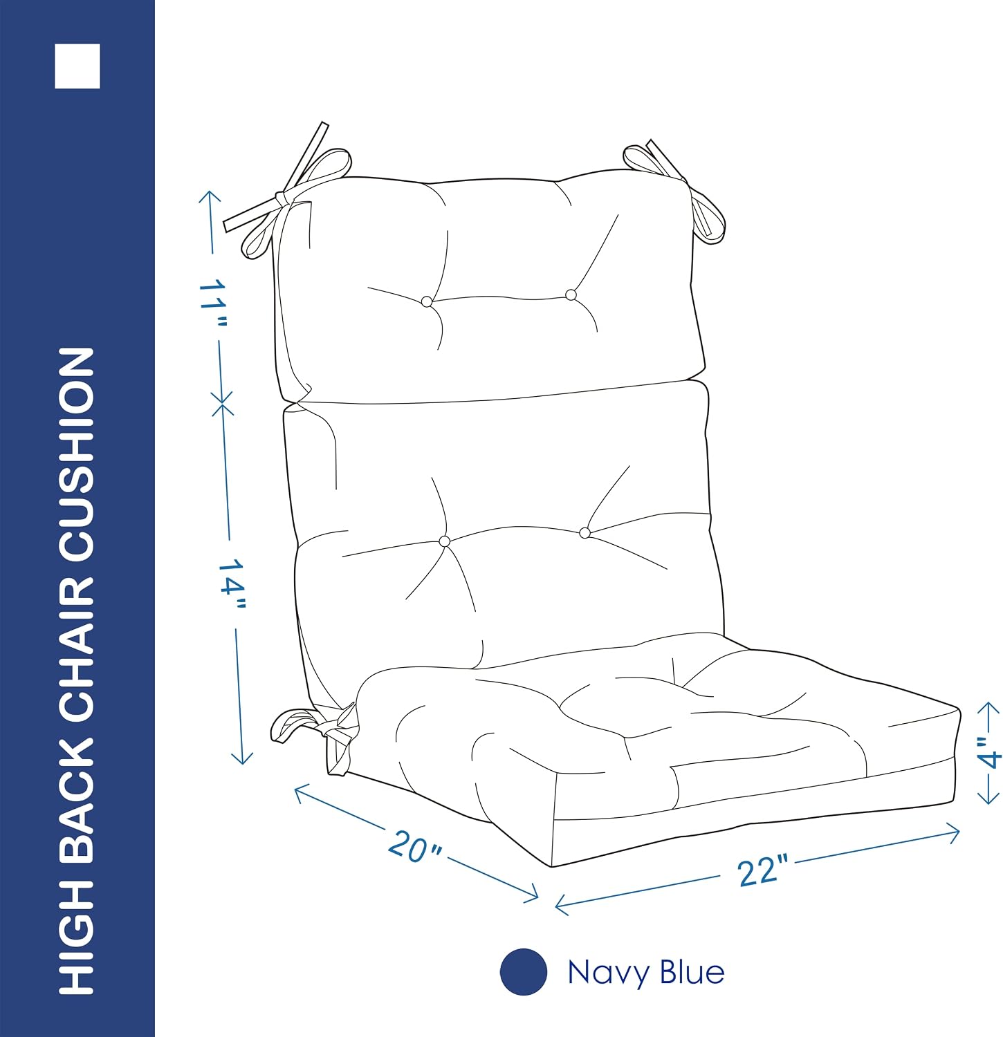 Outdoor Indoor High Back Chair Cushions Set of 4,Waterproof All-Weather Patio Adirondack Rocking Chair Cushions,Seat Back Chair Cushion for Outdoor Furniture with Ties,45x22 Inch, Navy Blue