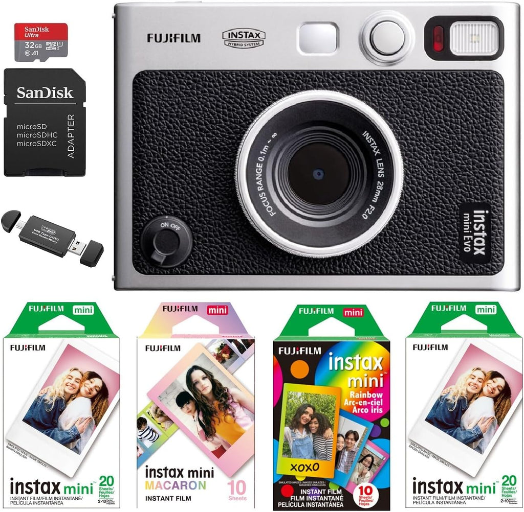 FUJIFILM INSTAX MINI EVO Hybrid Instant Camera (Black) Bundle, Includes: Mini Color Film (40 Exposures), Rainbow Film (10 Exposures), Macaron Film (10 Exposures) and More (7 Items)
