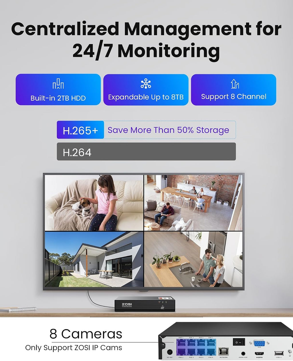 ZOSI 4K PoE Security Camera System,4pcs 4K C186 Aurora Lux Outdoor Indoor Wired Cameras,True Full Color Night Vision,Person Vehicle Detection,2 Way Audio,8MP 8CH NVR with 2TB HDD for 24/7 Recording