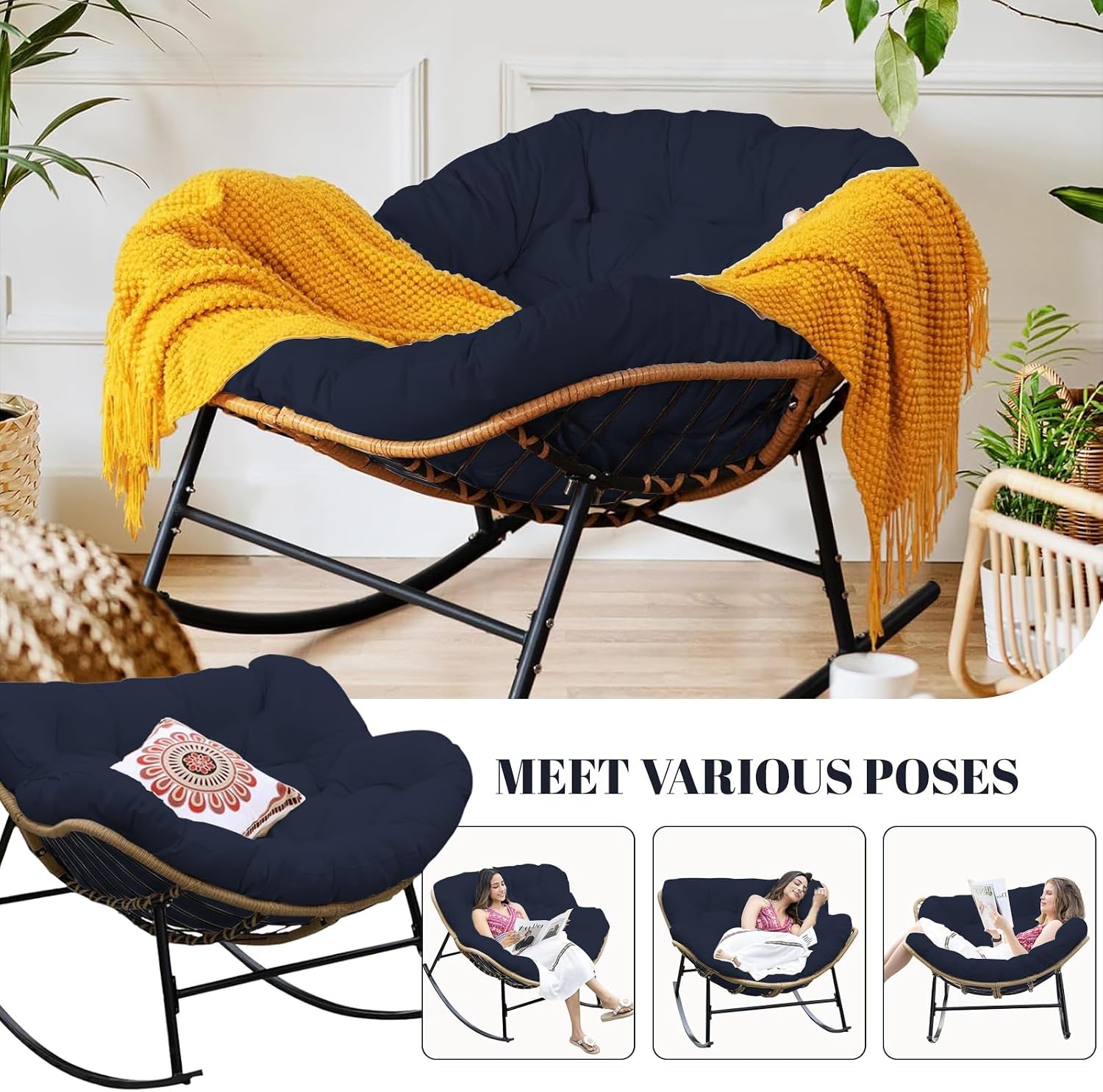 Thickened Waterproof Papasan Rocking Chair Cushion, 6.3'' Patio Egg Chair Pad with Ties, Outdoor/Indoor Rattan Hammock Cushions for Porch, Garden, Balcony(Only Cushion no Chair) (Navy Blue)