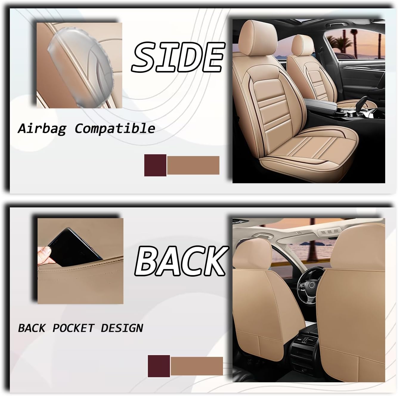 Seat Covers for Audi A3 2006-2025 | 5-Seats Leather Seat Covers, Easy to Install Automotive Seat Covers Full Set (Full Set, Beige)