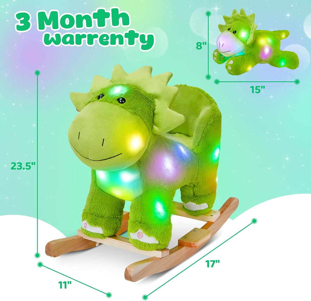 Glow Guards Light up Music Dinosaur Rocking Horse Stuffed Animal Set of 2 with Glowing Singing Dinosaur Plush Toy Wooden Chair Seat Ride on Toys Gift for Ages 1-3 Toddlers Kids Baby (Dinosaur)