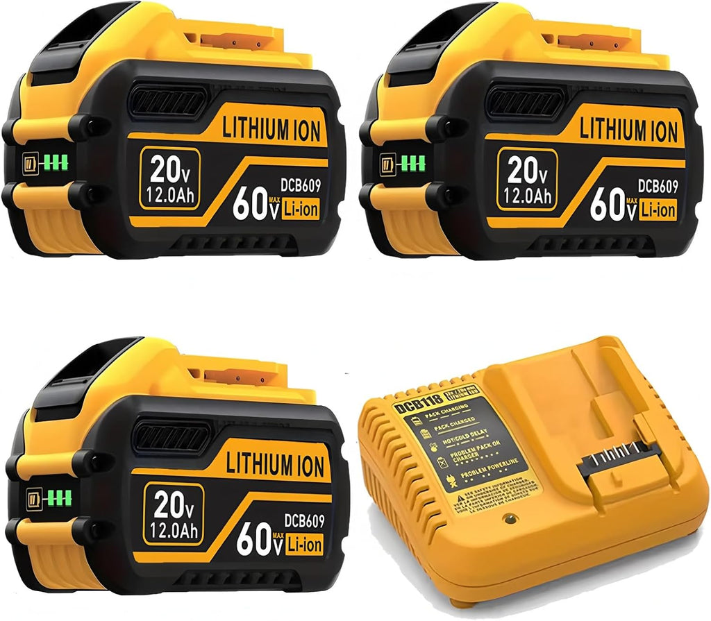 (3PACK 12.0AH+1 Charger) Replacement for DeWalt Flex 20V/60V 12000mAh Lithium Battery Compatible with DCB606 DCB612 DCB606-2 DCB609 DCB609-2 DCB204 DCB205 DCB206 Cordless Power Tools Get A Charger