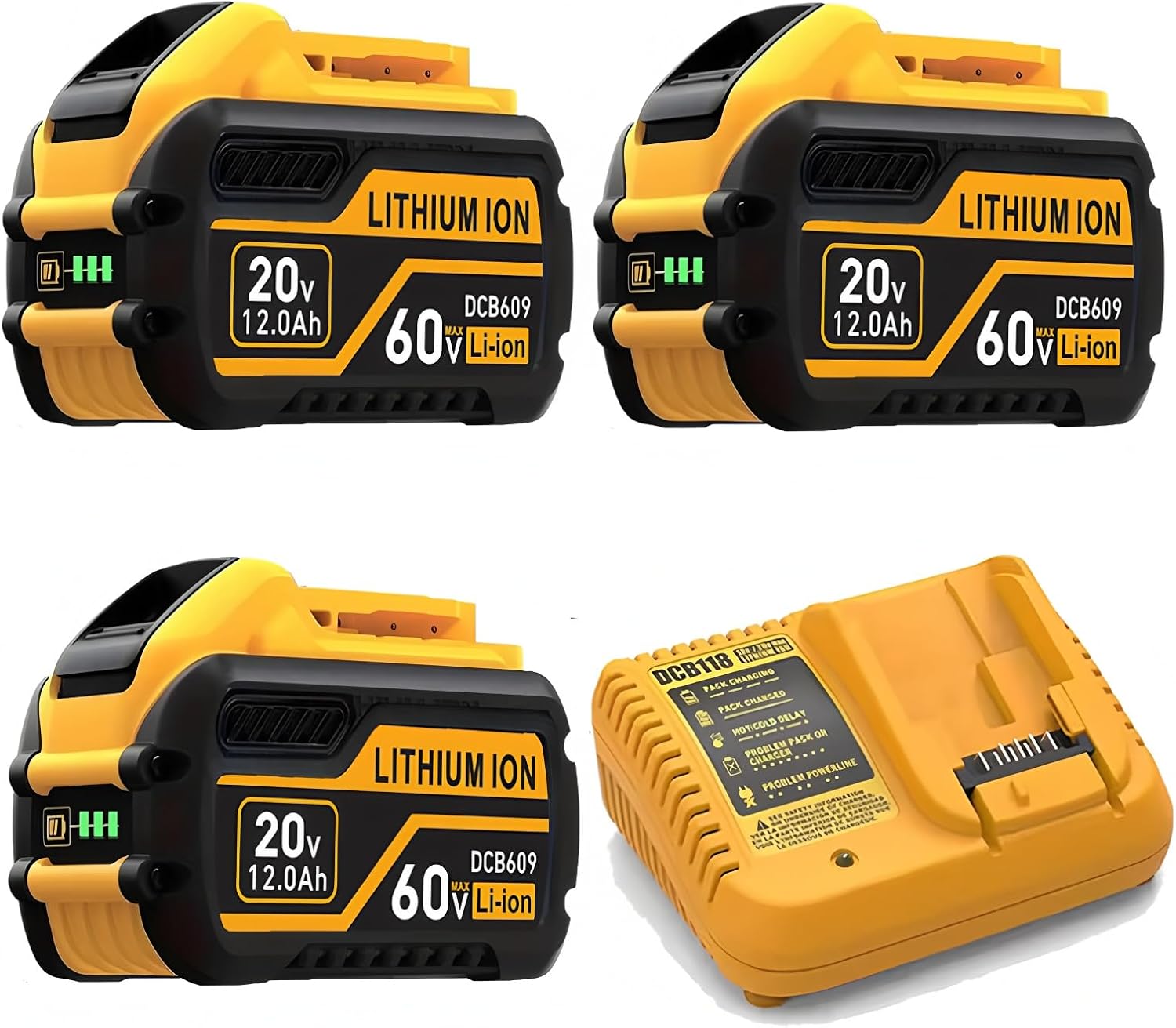 (3PACK 12.0AH+1 Charger) Replacement for DeWalt Flex 20V/60V 12000mAh Lithium Battery Compatible with DCB606 DCB612 DCB606-2 DCB609 DCB609-2 DCB204 DCB205 DCB206 Cordless Power Tools Get A Charger