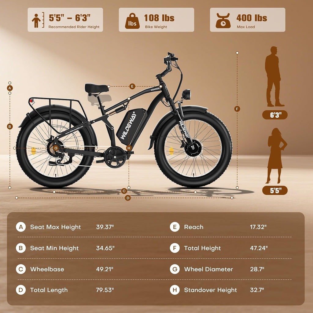 3000W Dual Motor Electric Bike for Adults, 26' Fat Tire Ebike, 32MPH, 52V 25Ah Battery, 80 Miles Range, Full Suspension All Terrain Off Road Electric Bicycle, Hydraulic Brakes, Snow Sand Mountain
