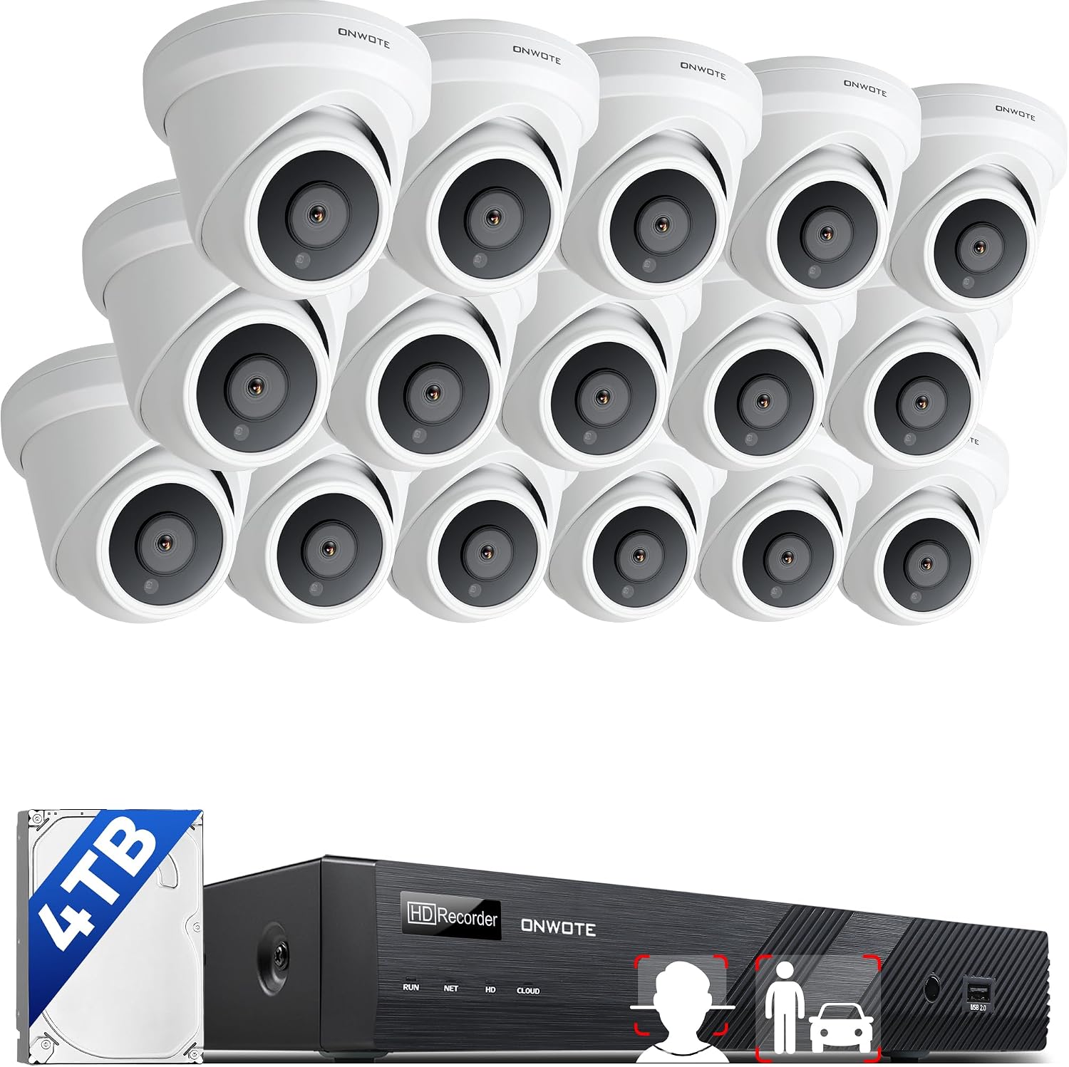ONWOTE 16 Channel 4K PoE Security Camera System, Face Recognition & AcuSearch, AI Detection, 12MP 16CH Commercial NVR 4TB, 16x 8MP 134° IP Cameras with Audio, Total 1280ft Cables, CCTV for Business