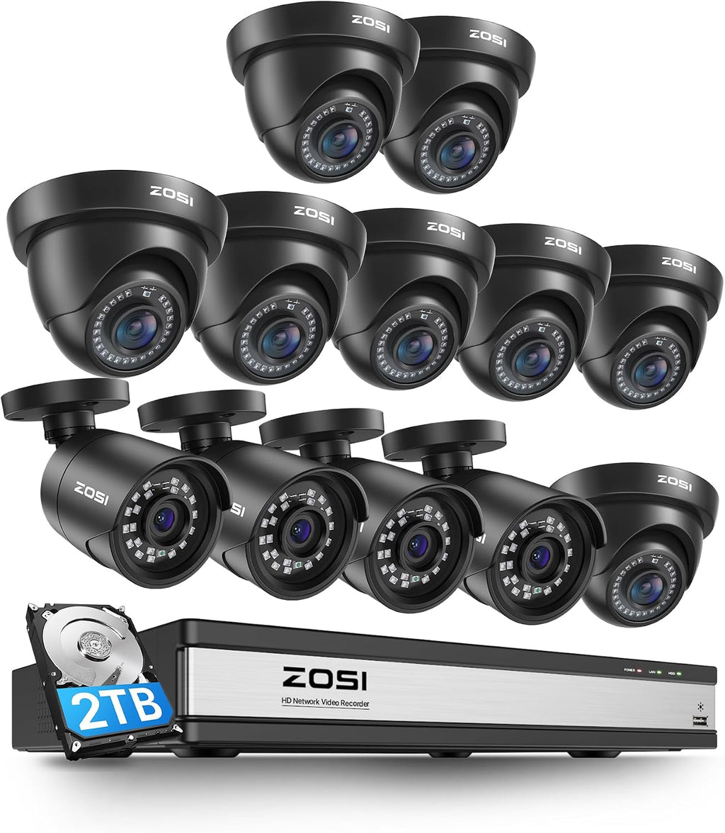 ZOSI 2MP 16CH Home Security Camera System Outdoor with AI Human Vehicle Detect, H.265+ 16CH DVR and 12 x 1080p Weatherproof Surveillance CCTV Bullet Dome Camera, 90° View Angle, Alert Push, 2TB HDD