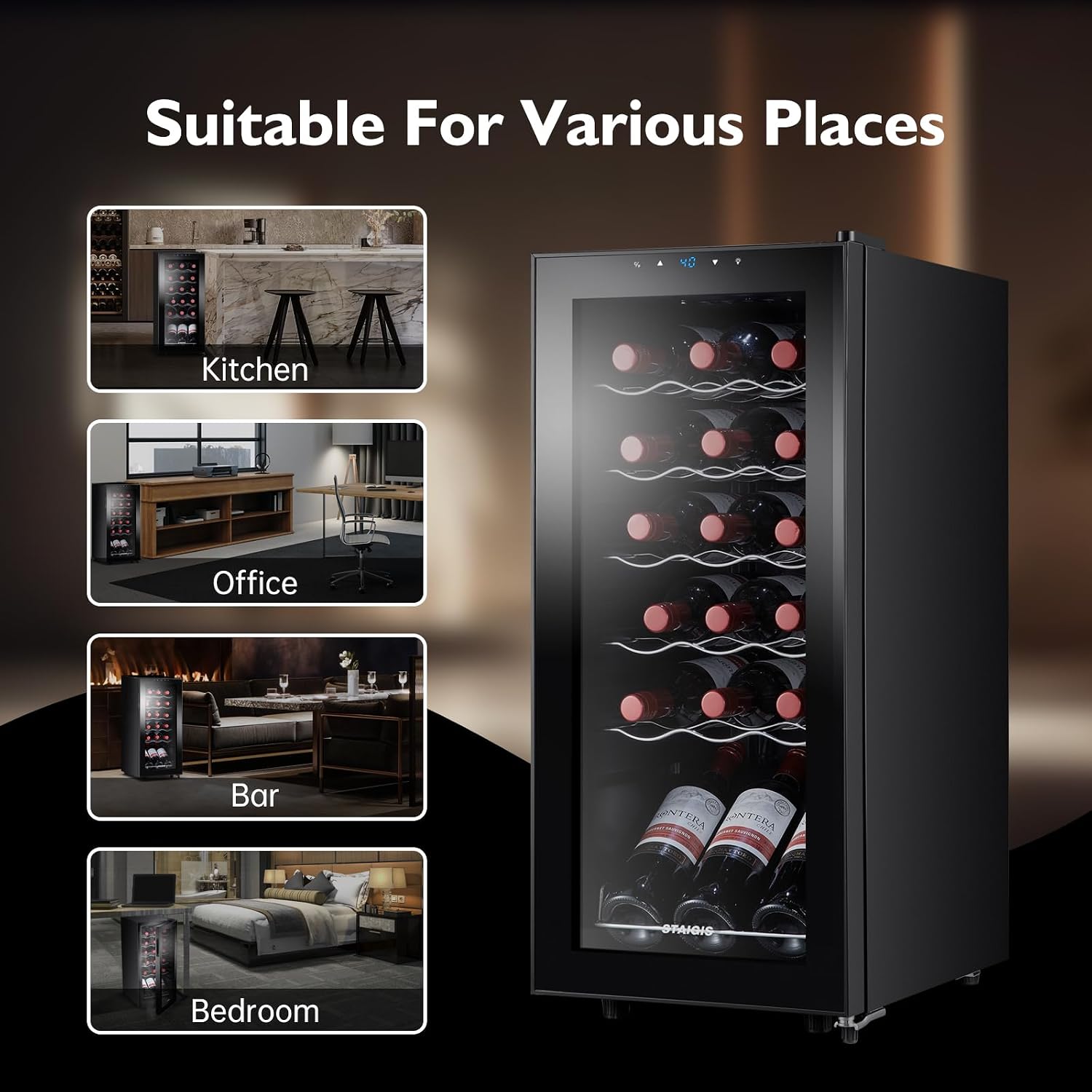 18 Bottle Mini Fridge, Freestanding Small Wine Cooler Refrigerator for Red and White with 40-66F Digital Temperature Control and Glass Door