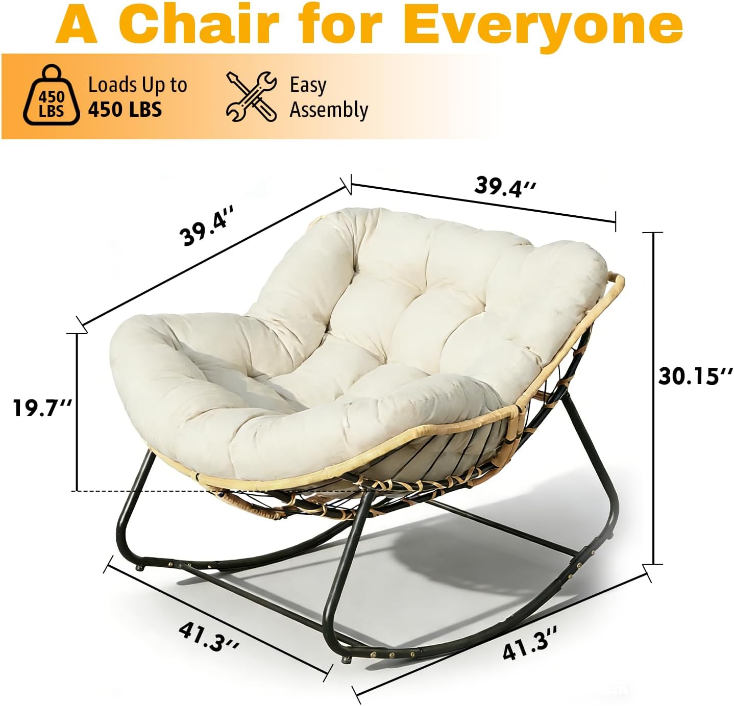 Outdoor Egg Rocking Chair, Patio Rocker Chair with Thick Cushion, Comfy Wicker Reading Lounge Chair Indoor Cozy Rocking Chairs for Patio, Balcony, Porch (Fabric, White, Modern)