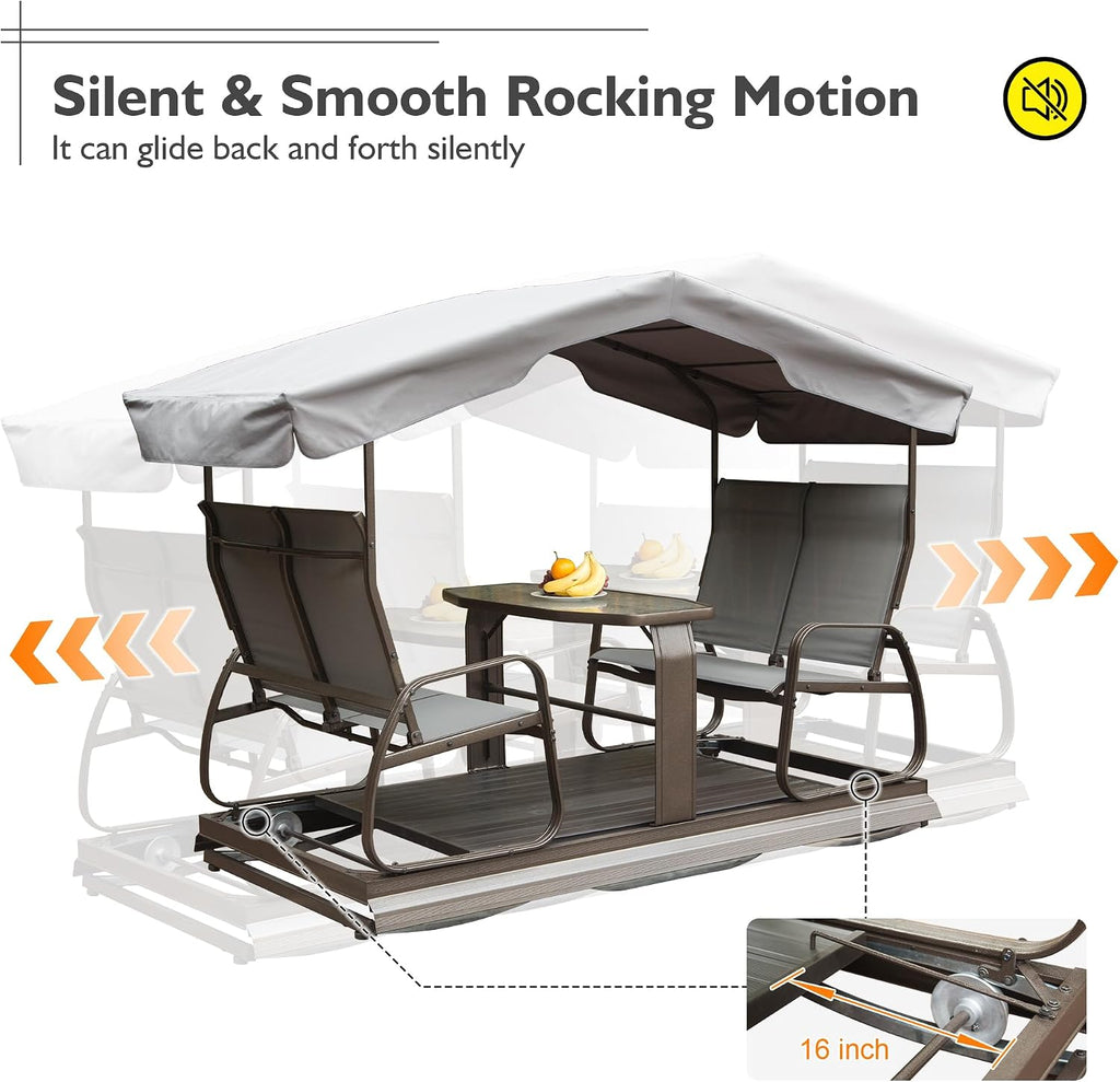 Domi 4-Seat Outdoor Glider Bench with Canopy, 800lbs Capacity Aluminum Rocking Chair with Zippered Mesh & Tempered Glass Table, Heavy Duty Outdoor Swing Chair for Patio, Backyard, Poolside