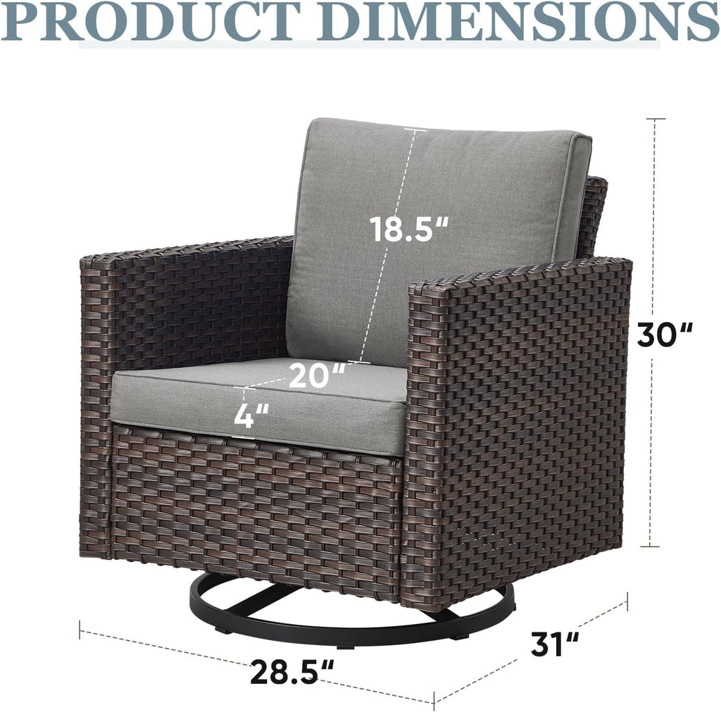 Patio Swivel Chairs,360 Degree Outdoor Swivel Glider Chair Set of 2 with High Back and Thickened Cushions for Deck Porch Garden Backyard-Brown/Grey