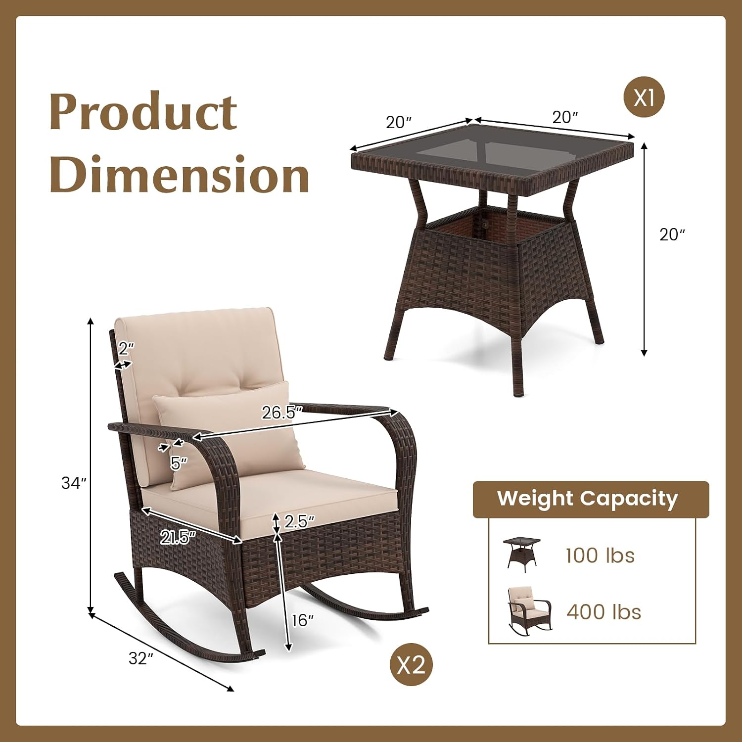 Tangkula 3 Pieces Rocking Bistro Set, Patiojoy Outdoor PE Rattan Rocker Chairs with Removable Cushions & Tempered Glass Top Coffee Table, Outdoor Wicker Furniture Set for Porch, Garden (Brown)