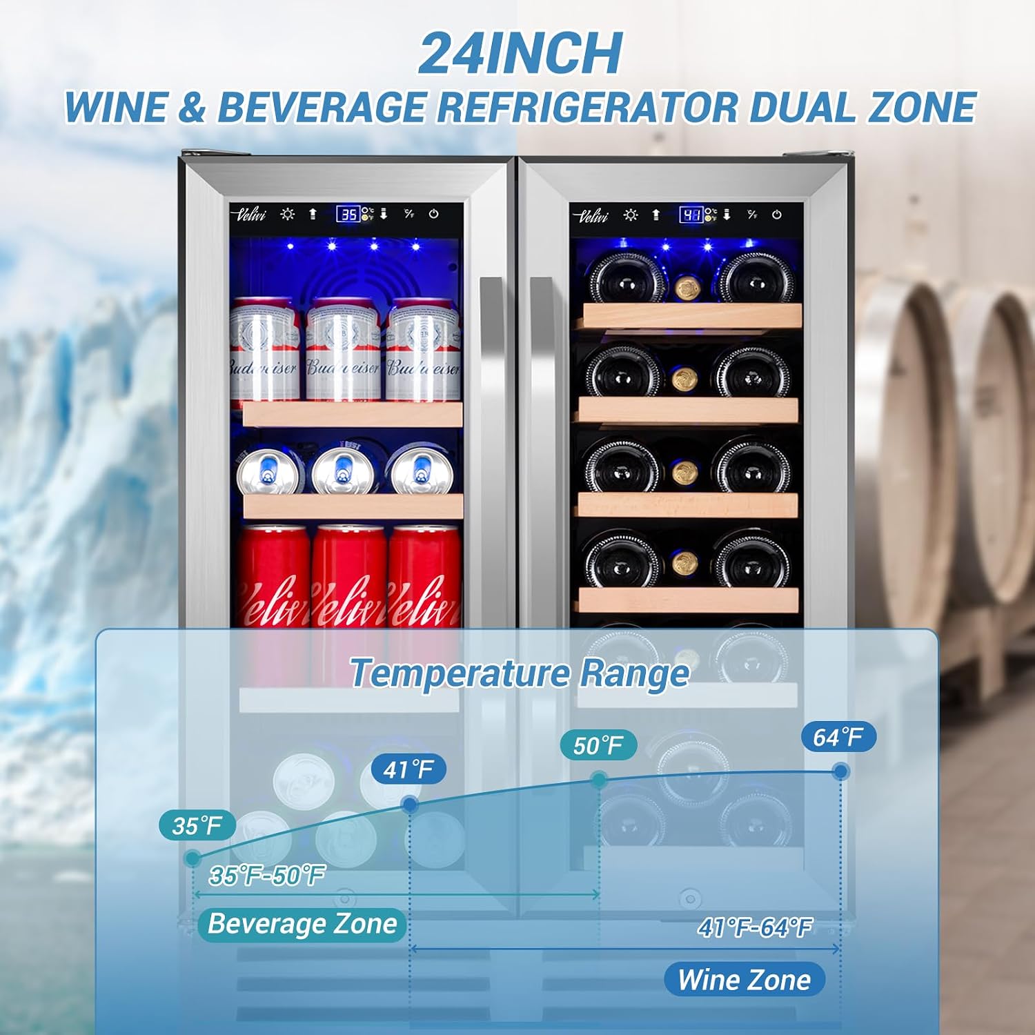 Velivi 24 Inch Beverage Refrigerator Undercounter, Dual Zone Wine and Beverage Cooler, Large Capacity for Beer Wine Drink with Built-In Warm Light, Ideal for Home Kitchen Bar Office