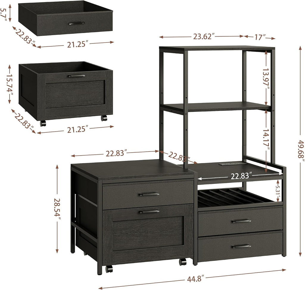 Herture Mini Fridge Stand with Wine Rack, Kitchen Bakers Rack with Power Outlet, Microwave Oven Stand, Coffee Bar, Movable Drawers, for Dorm,Office, Black HB04BXB