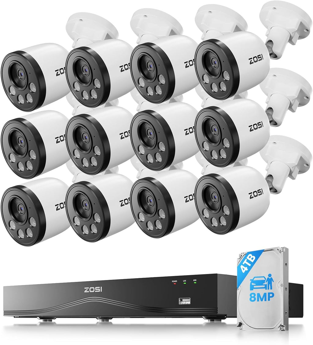 ZOSI 16CH 4K PoE Security Camera System,Person Vehicle Detection,People Counting,One-Way Audio,100ft Night Vision,12pcs 8MP Outdoor Indoor Cameras,16Port 32-Channel NVR with 4TB HDD for 24/7 Recording