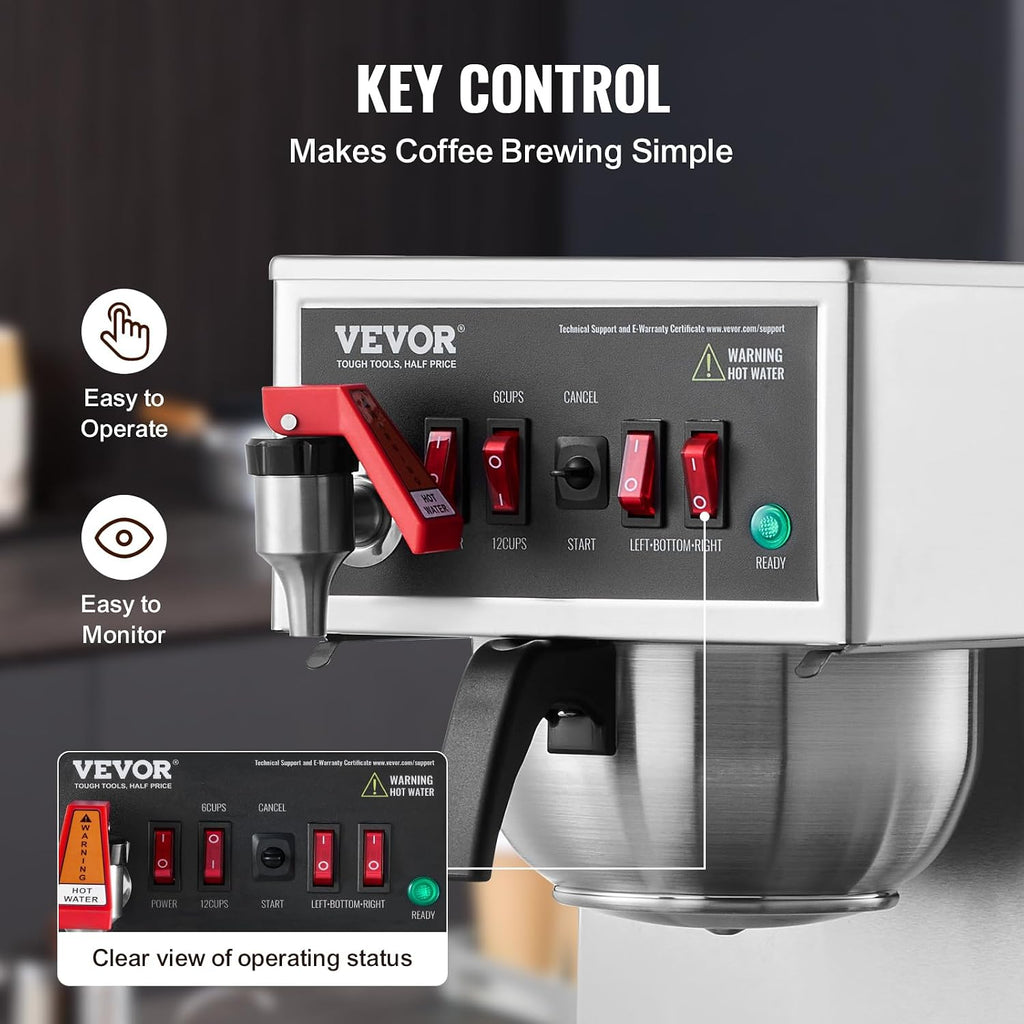 VEVOR 12 Cups Commercial Drip Coffee Maker, Coffee Maker Machine with 3 Glass Carafes and 3 Warmer Plates, Stainless Steel Pour Over Coffee Brewer with Auto Water Intake, for Restaurant Office Cafe